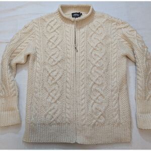 Icelandic Design Cable Knit Full-Zip Fisherman Cardigan Sweater M Ecru